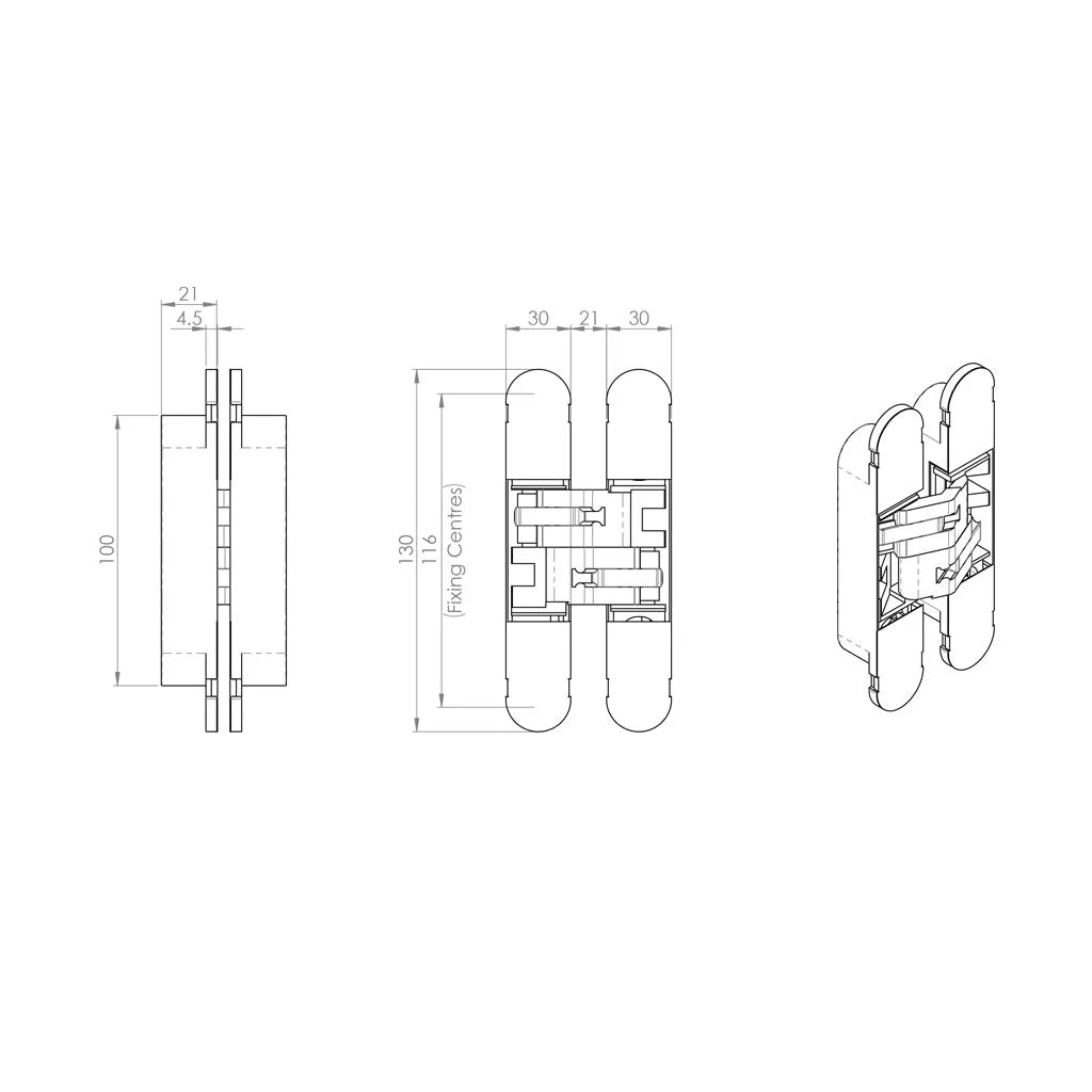 130x30mm Ceam 3D Concealed Hinge & Intumescent Pads - Suits Fire Doors - 7 Finishes - Single Hinge