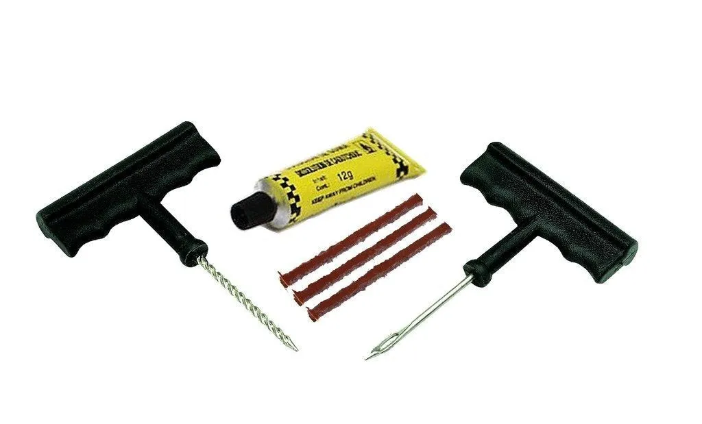 1513 Puncture Repair Kit Tubeless Tyre Full Set with Nose Pliers, Rubber Cement and Extra Strips for Cars, Bikes