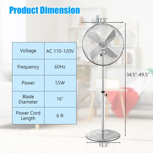 16 Inch Pedestal Standing Fan Oscillating Pedestal Fan with 3 Speeds and Adjustable Height-Silver