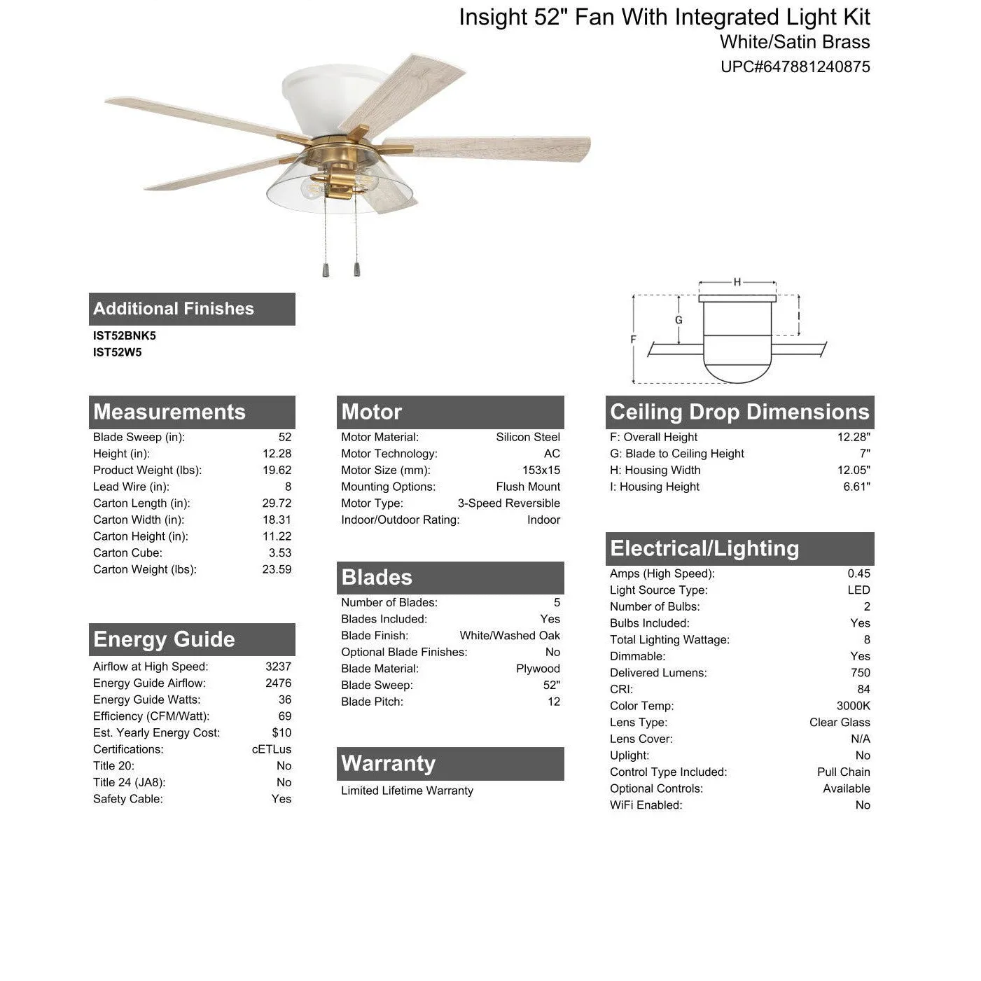 52" Insight White/SB Finish, White/Washed Oak Blades, Integrated Light kit Included