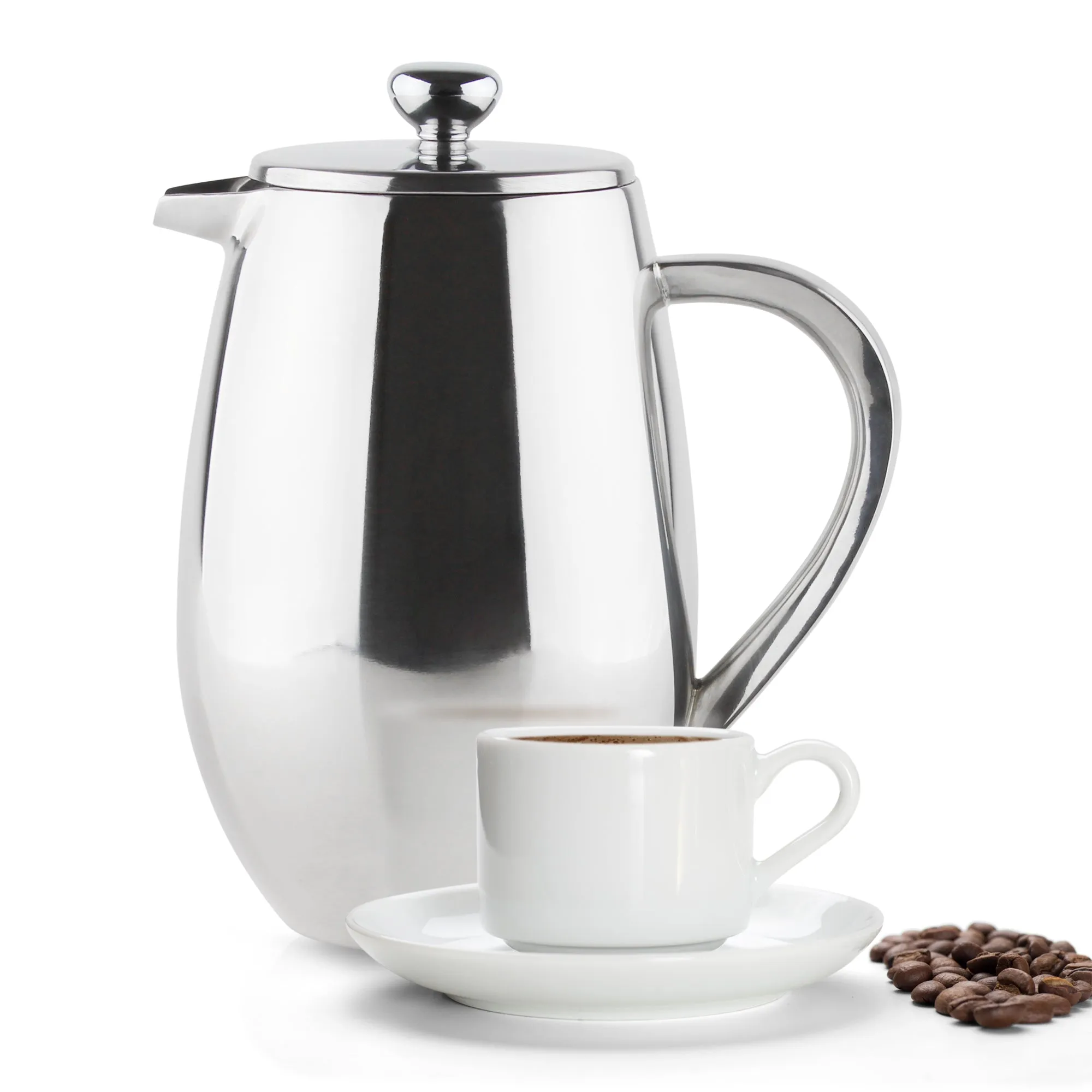 8 Cup Bellied Cafetiere, Double Wall, Mirror