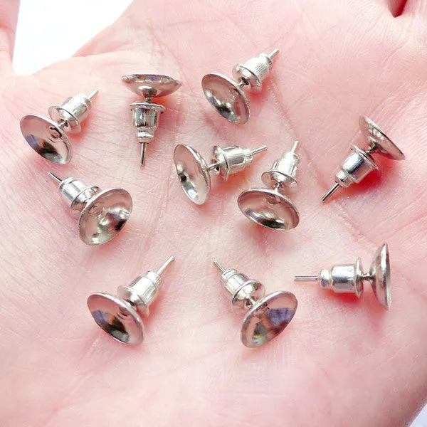 8mm Pearl Cup Earring Posts with Ear Backs | Ear Stud Components | Earstud with Glue On Cup & Ear Nuts | Earring Findings (10 Sets / 5 Pairs / Silver / Nickel Free)