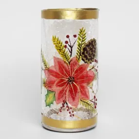 A Cheerful Giver- Golden Poinsettia Crackle Glass LED Pillar Candle - 4" W x 7.75" H - Winter Home Decor