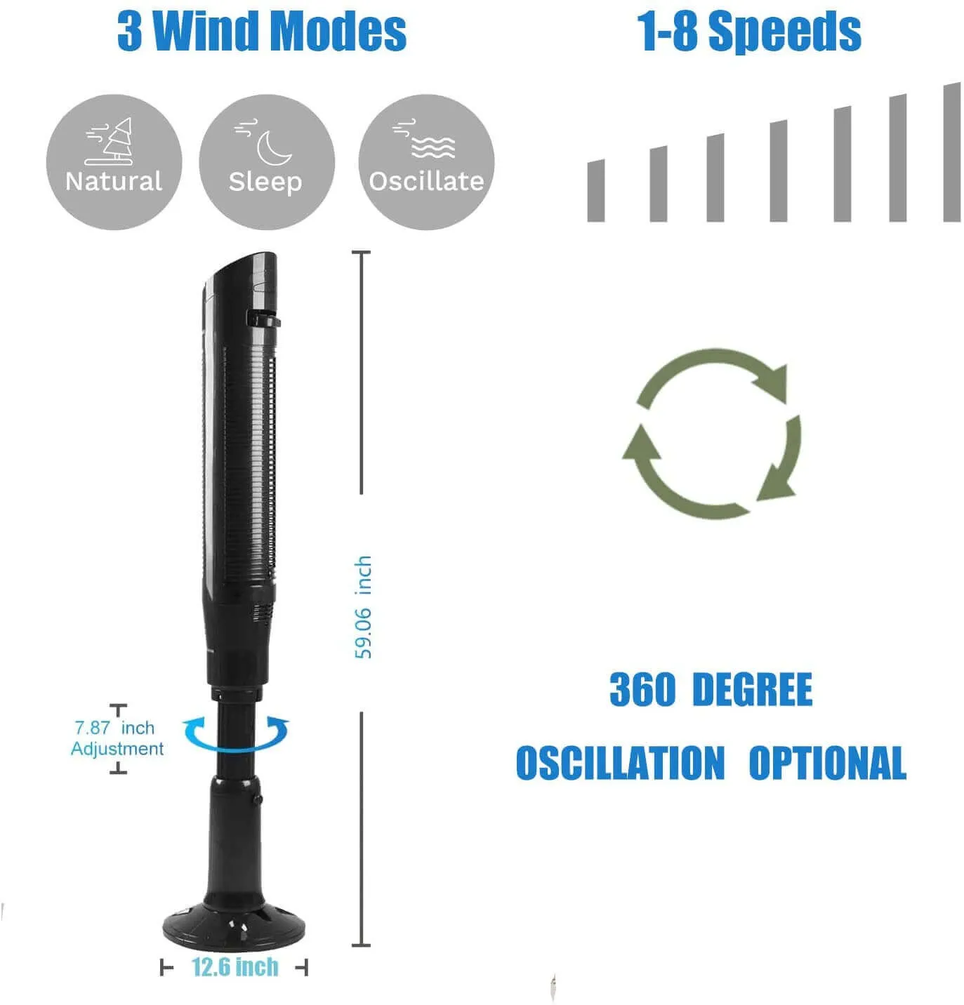 Antarctic Star 59''Tower Fan Oscillating Fan Quiet Cooling Remote Control