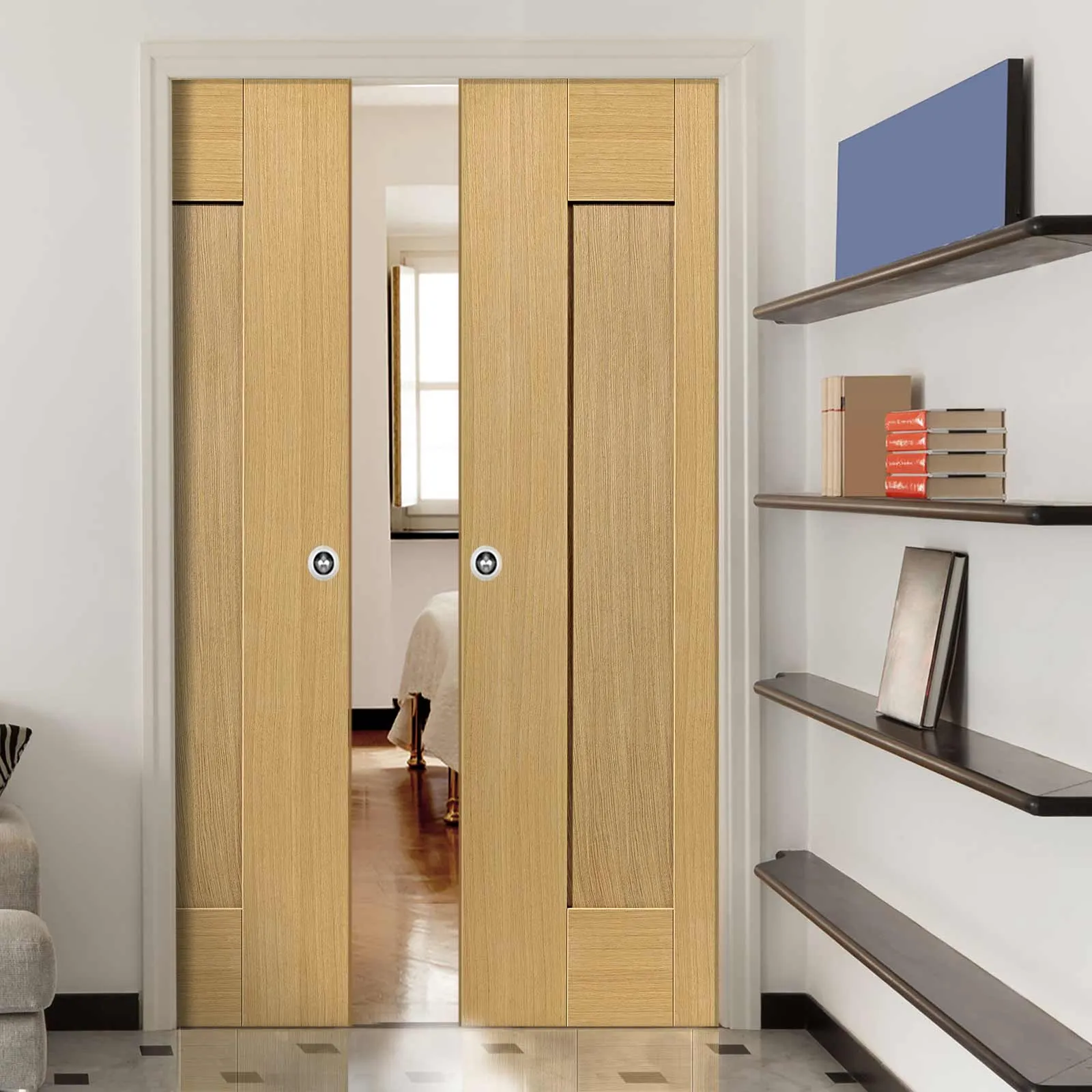 Axis Shaker Oak Panelled Double Evokit Pocket Doors - Prefinished