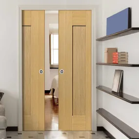 Axis Shaker Oak Panelled Double Evokit Pocket Doors - Prefinished