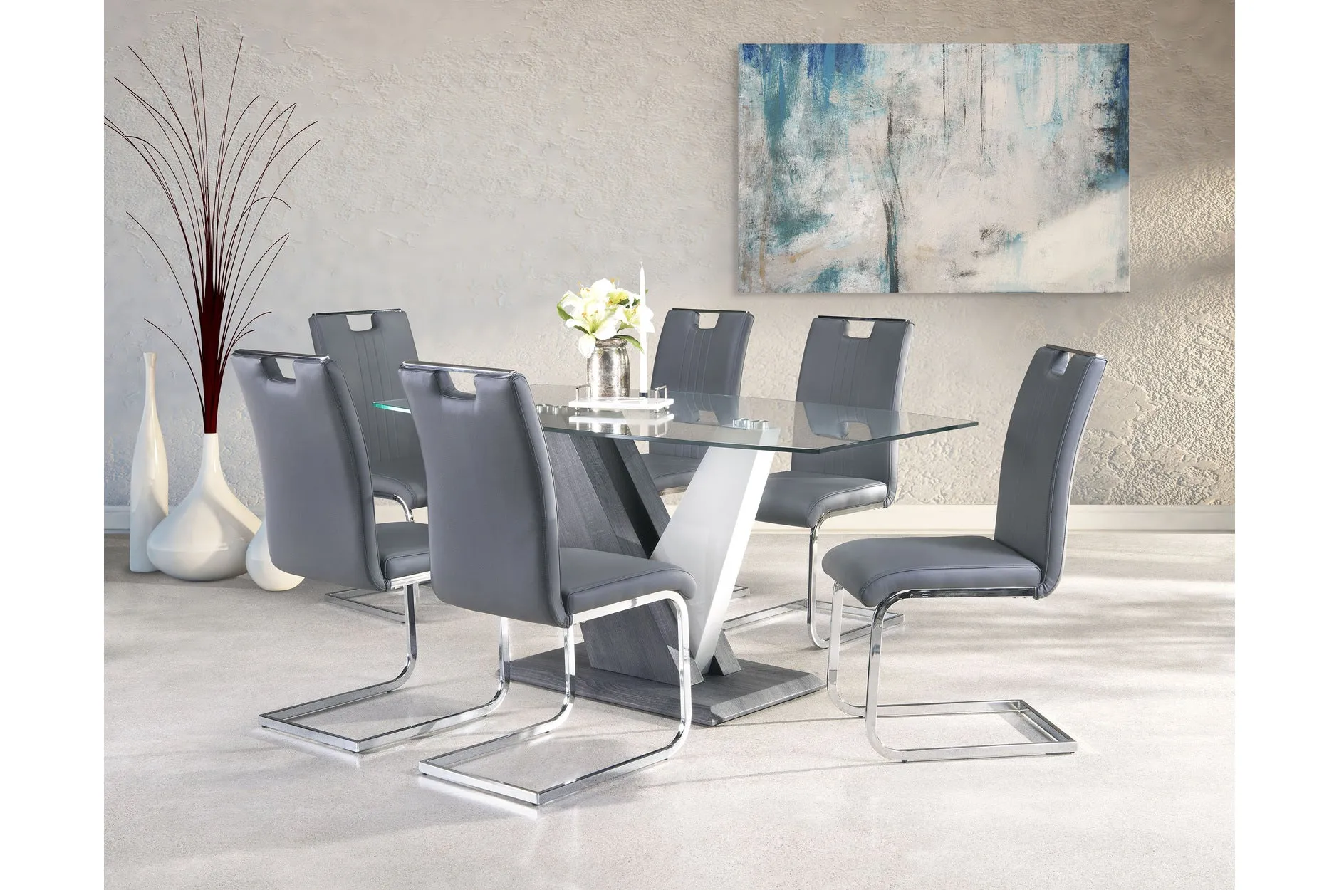 Baxter Pedestal 7 Piece Dining Set with Grey Zane Chairs