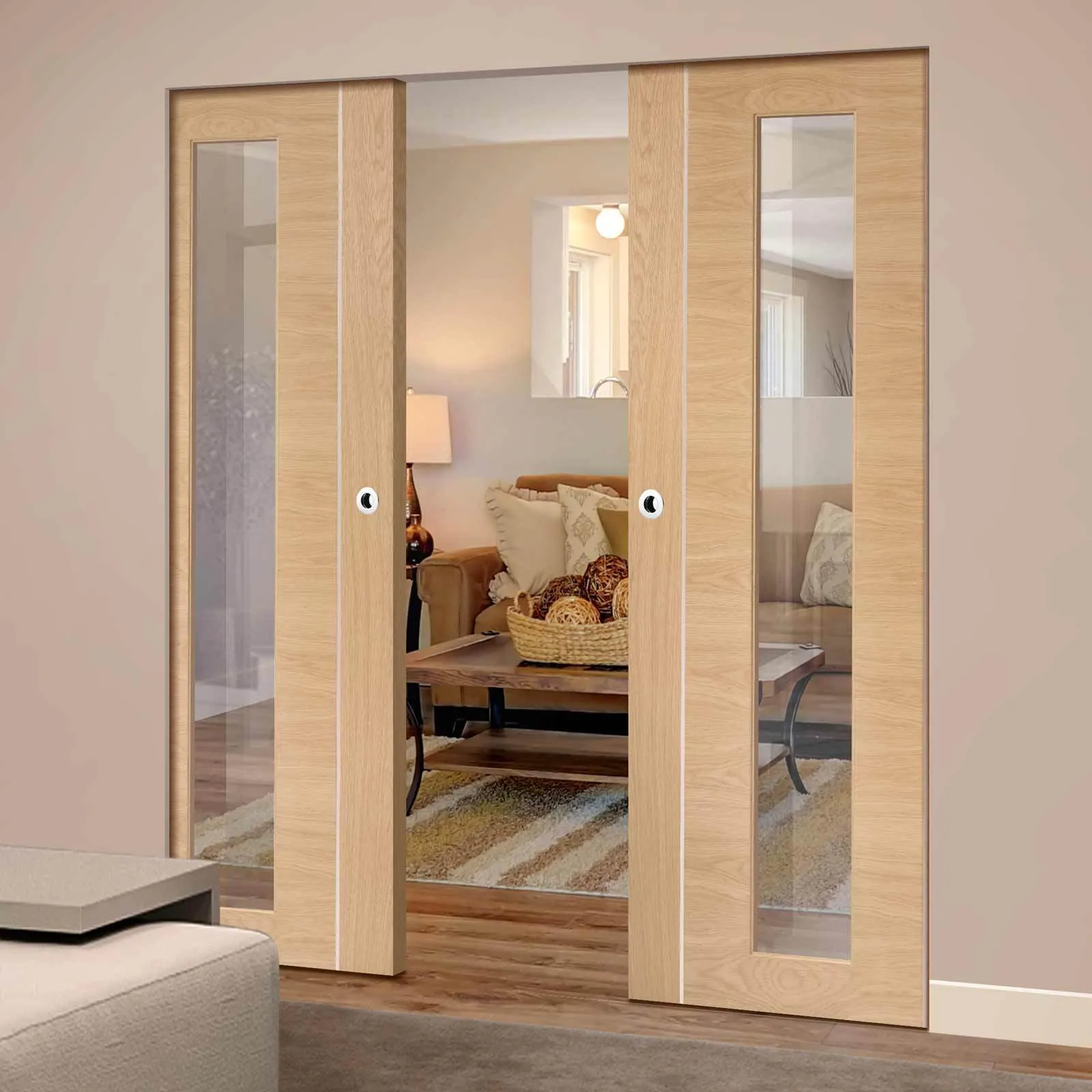 Bespoke Forli Oak Glazed Double Frameless Pocket Door - Aluminium Inlay - Prefinished