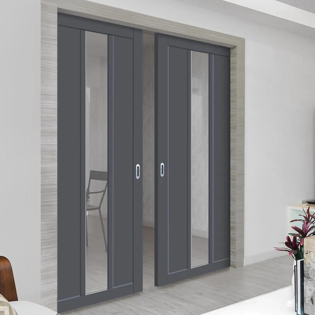 Bespoke Handmade Eco-Urban® Cornwall 1 Pane 2 Panel Double Evokit Pocket Door DD6404G Clear Glass - Colour Options