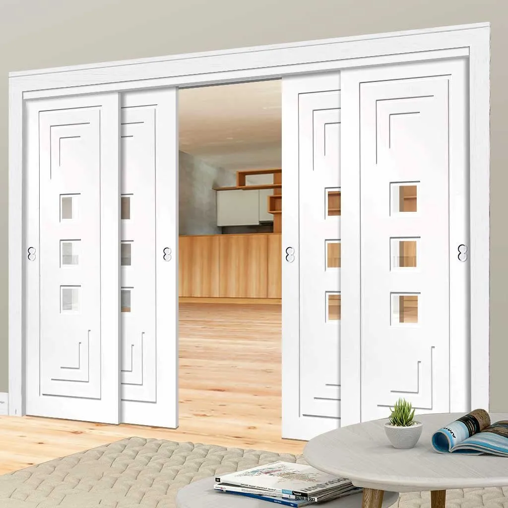 Bespoke Pass-Easi Altino Glazed - 4 Sliding Doors and Frame Kit - White Primed