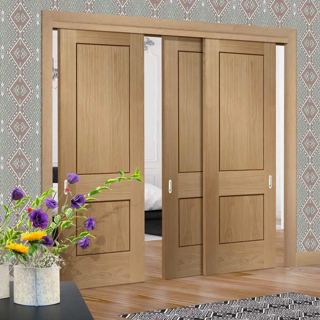 Bespoke Pass-Easi Piacenza Oak 2 Panel Flush - 3 Sliding Doors and Frame Kit - Groove Design