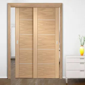 Bespoke Pass-Easi Portici Oak Flush - 2 Sliding Doors and Frame Kit - Aluminium Inlay - Prefinished