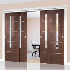 Bespoke Pass-Easi Portici Walnut Glazed - 4 Sliding Doors and Frame Kit - Aluminium Inlay - Prefinished