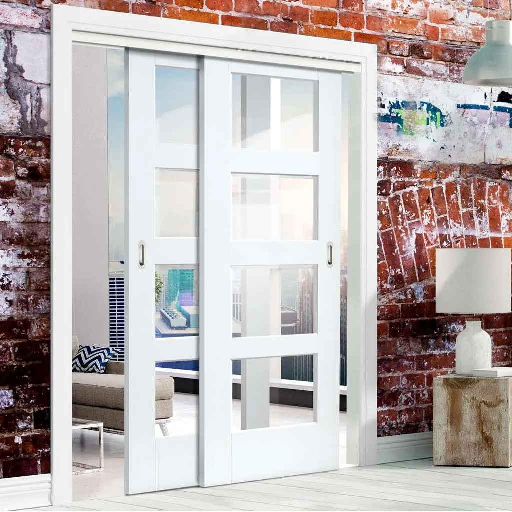 Bespoke Pass-Easi Shaker 4L Glazed - Clear Glass -2 Sliding Doors and Frame Kit - White Primed