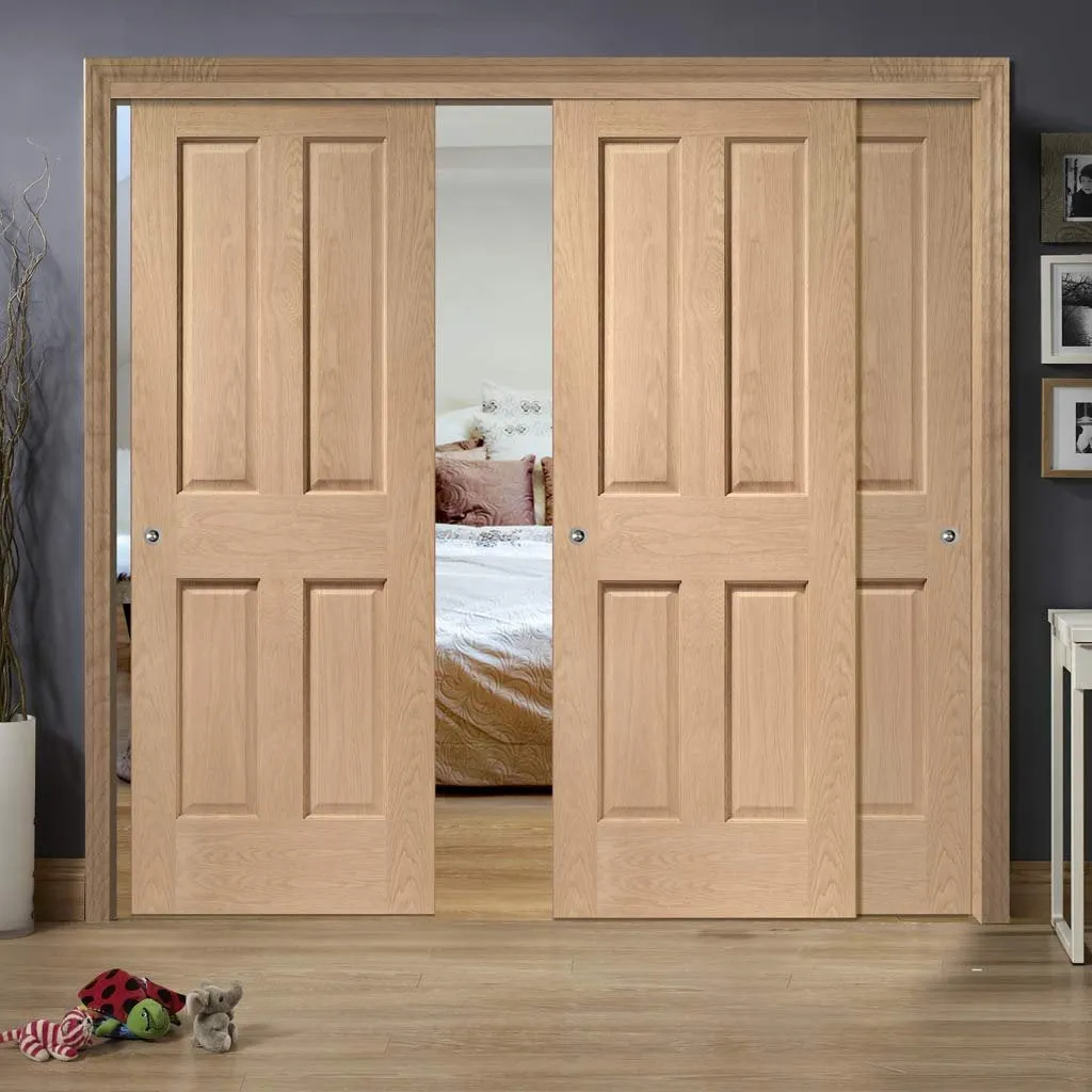 Bespoke Pass-Easi Victorian Oak 4 Panel - 3 Sliding Doors and Frame Kit - Prefinished