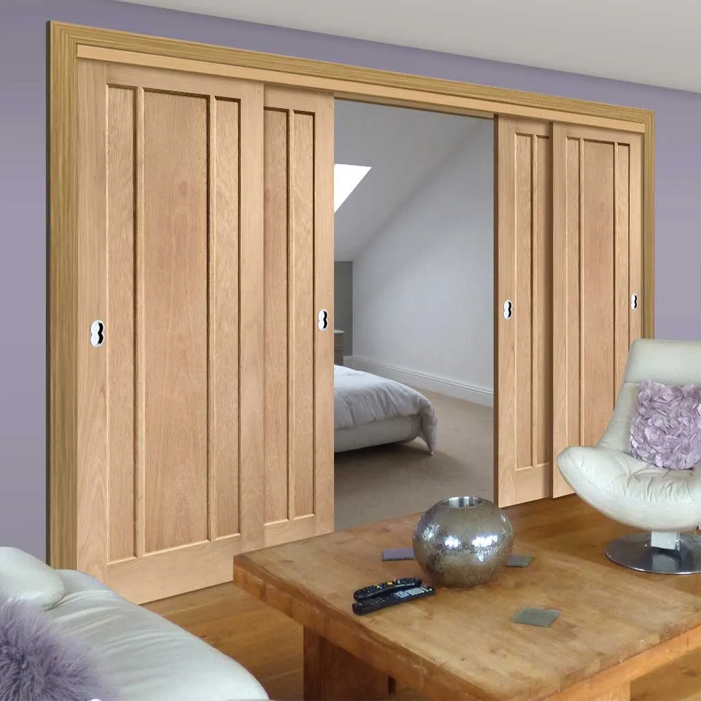 Bespoke Pass-Easi Worcester Oak 3 Panel - 4 Sliding Doors and Frame Kit - Prefinished