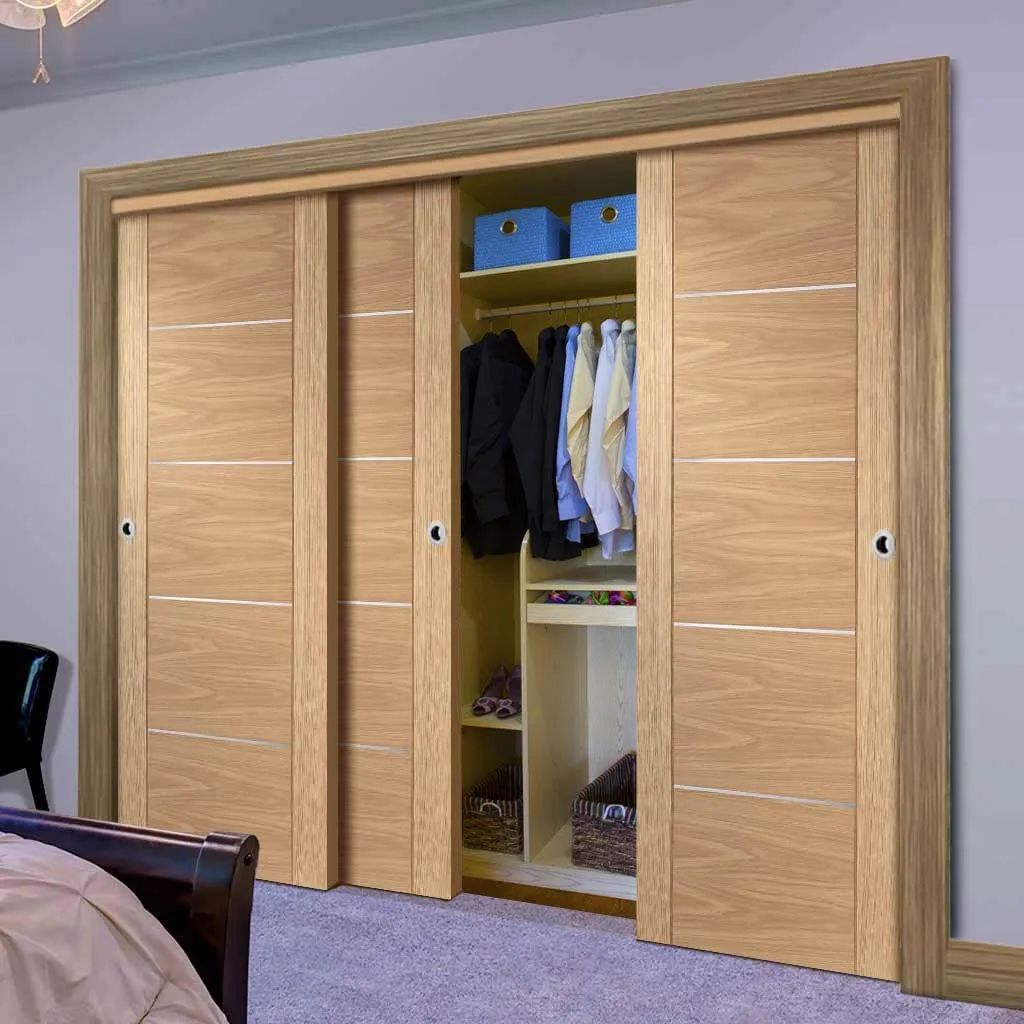 Bespoke Portici Oak Flush 3 Door Maximal Wardrobe and Frame Kit - Aluminium Inlay - Prefinished