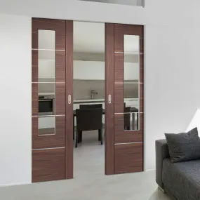 Bespoke Portici Walnut Glazed Double Frameless Pocket Door - Aluminium Inlay - Prefinished