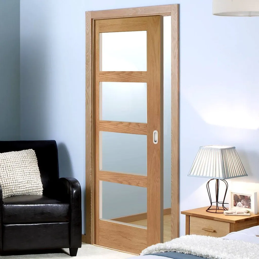 Bespoke Shaker Oak 4L Glazed Single Pocket Door - Clear Glass