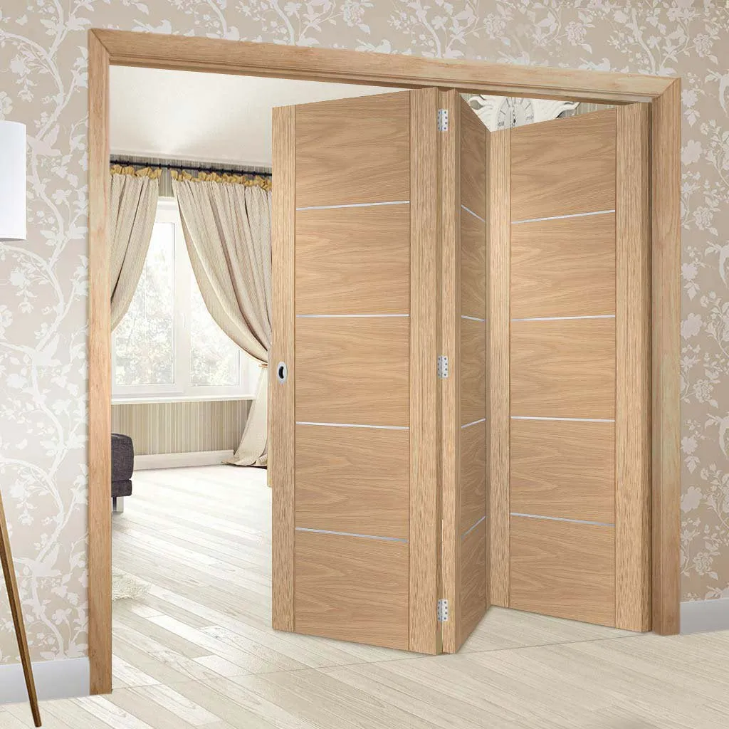 Bespoke Thrufold Portici Oak Flush Folding 3 0 Door - Aluminium Inlay - Prefinished