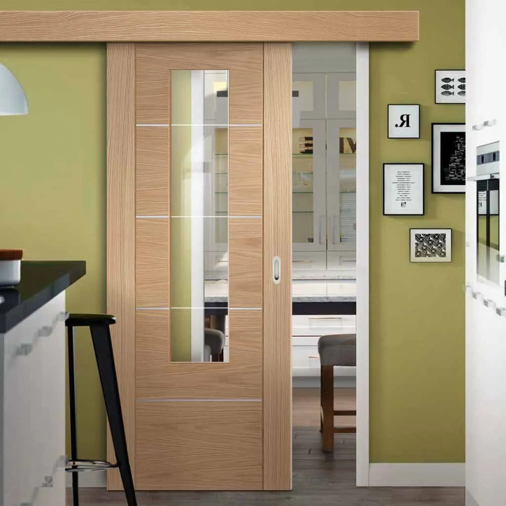 Bespoke Thruslide Surface Portici Oak Glazed - Sliding Door and Track Kit - Aluminium Inlay - Prefinished