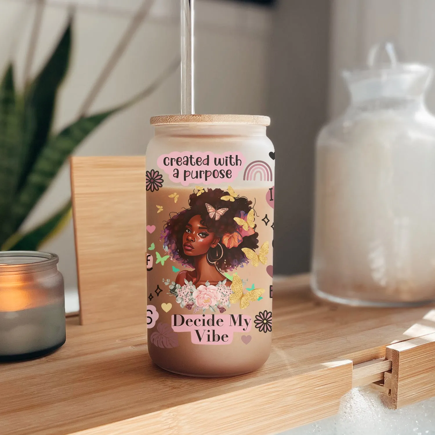 Black Girl Inspirational Quotes Frosted Iced Coffee Glass Cans - Daily Affirmations - Black Girl Magic - Motivational Glass Can Tumblers with Bamboo Lid and Straw