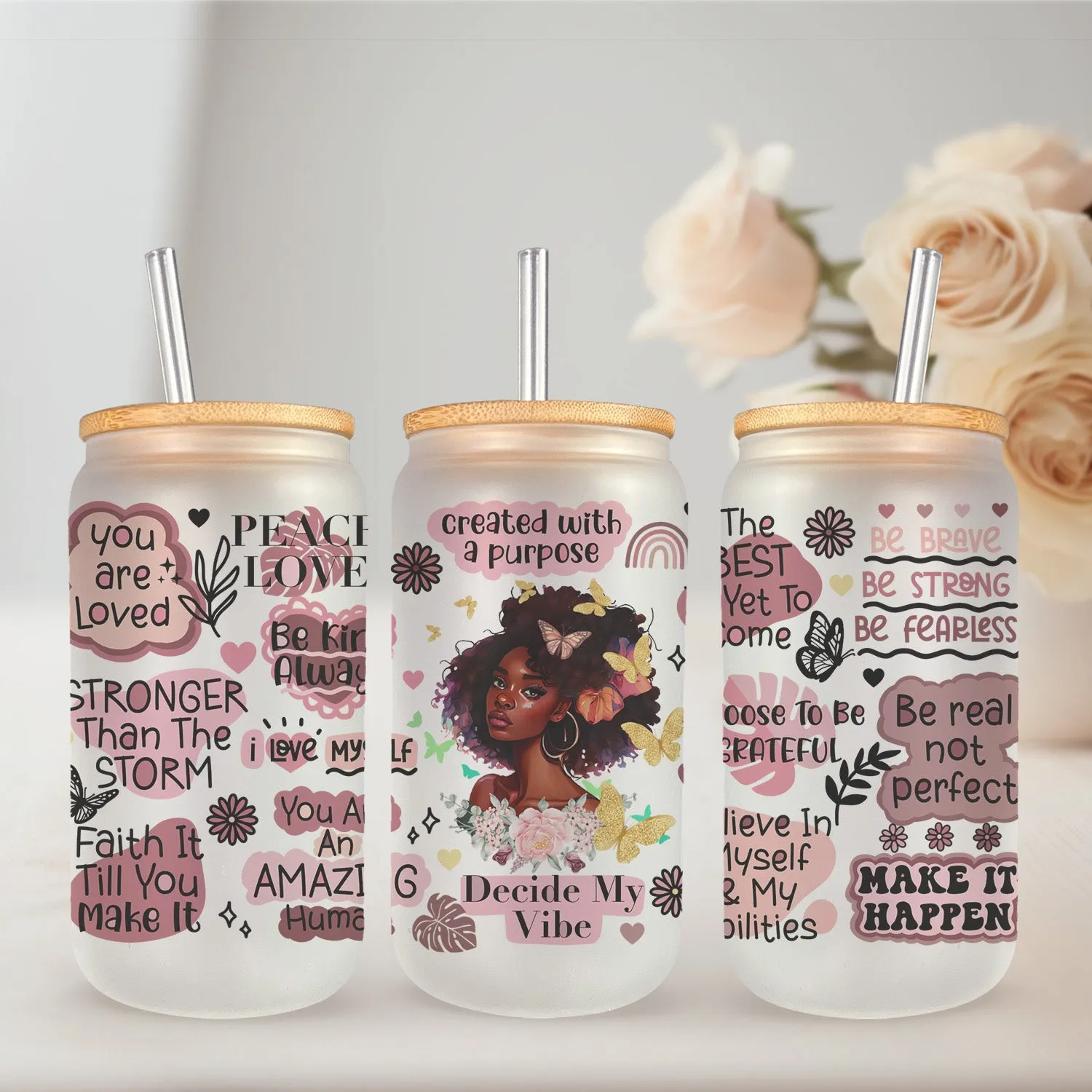 Black Girl Inspirational Quotes Frosted Iced Coffee Glass Cans - Daily Affirmations - Black Girl Magic - Motivational Glass Can Tumblers with Bamboo Lid and Straw