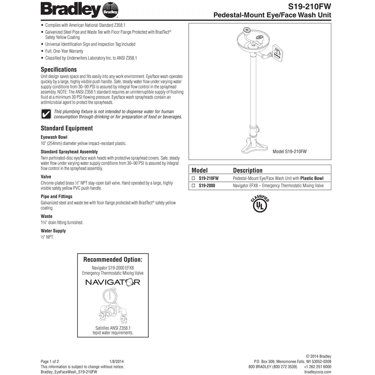 Bradley S19-210FW Pedestal Mount Eye Face Wash Station w/ Plastic Eyewash Bowl