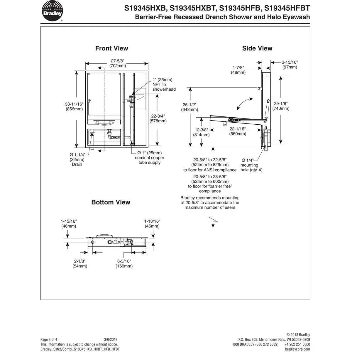 Bradley S19345HFB Barrier Free Recessed Halo Eyewash & Drench Shower - Recessed Shower Handle, Flush-Mounted Showerhead and Tailpiece