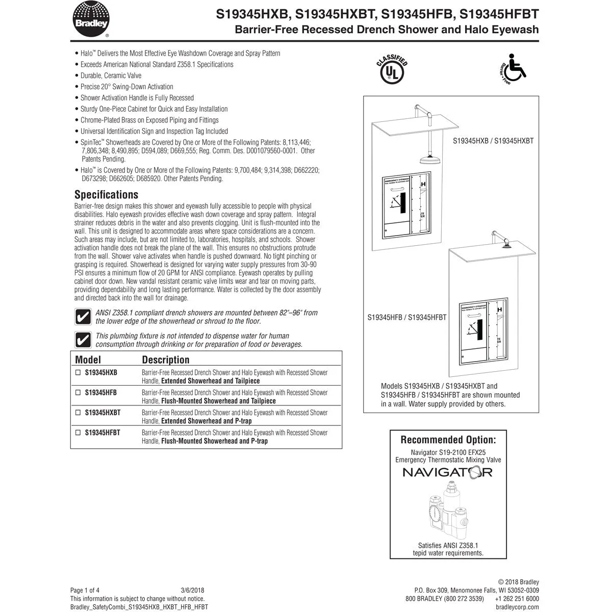 Bradley S19345HFB Barrier Free Recessed Halo Eyewash & Drench Shower - Recessed Shower Handle, Flush-Mounted Showerhead and Tailpiece