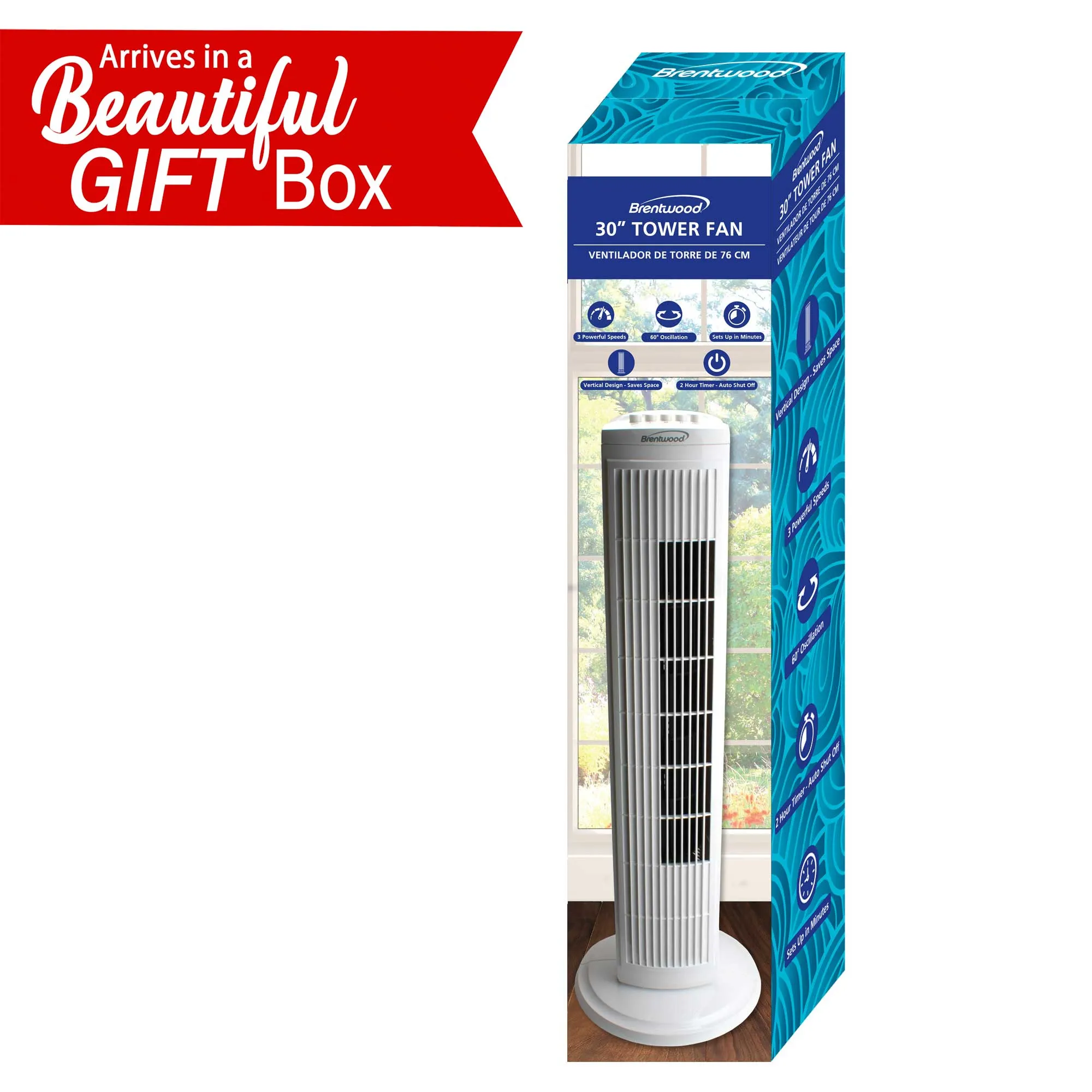 Brentwood Kool Zone F-30TW 3-Speed 30” Oscillating Tower Fan, White