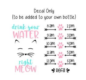 Cat Water Bottle Decal, Water Tracker Decal, Drink Your Water Right Meow Tracker and Design, Decal Only