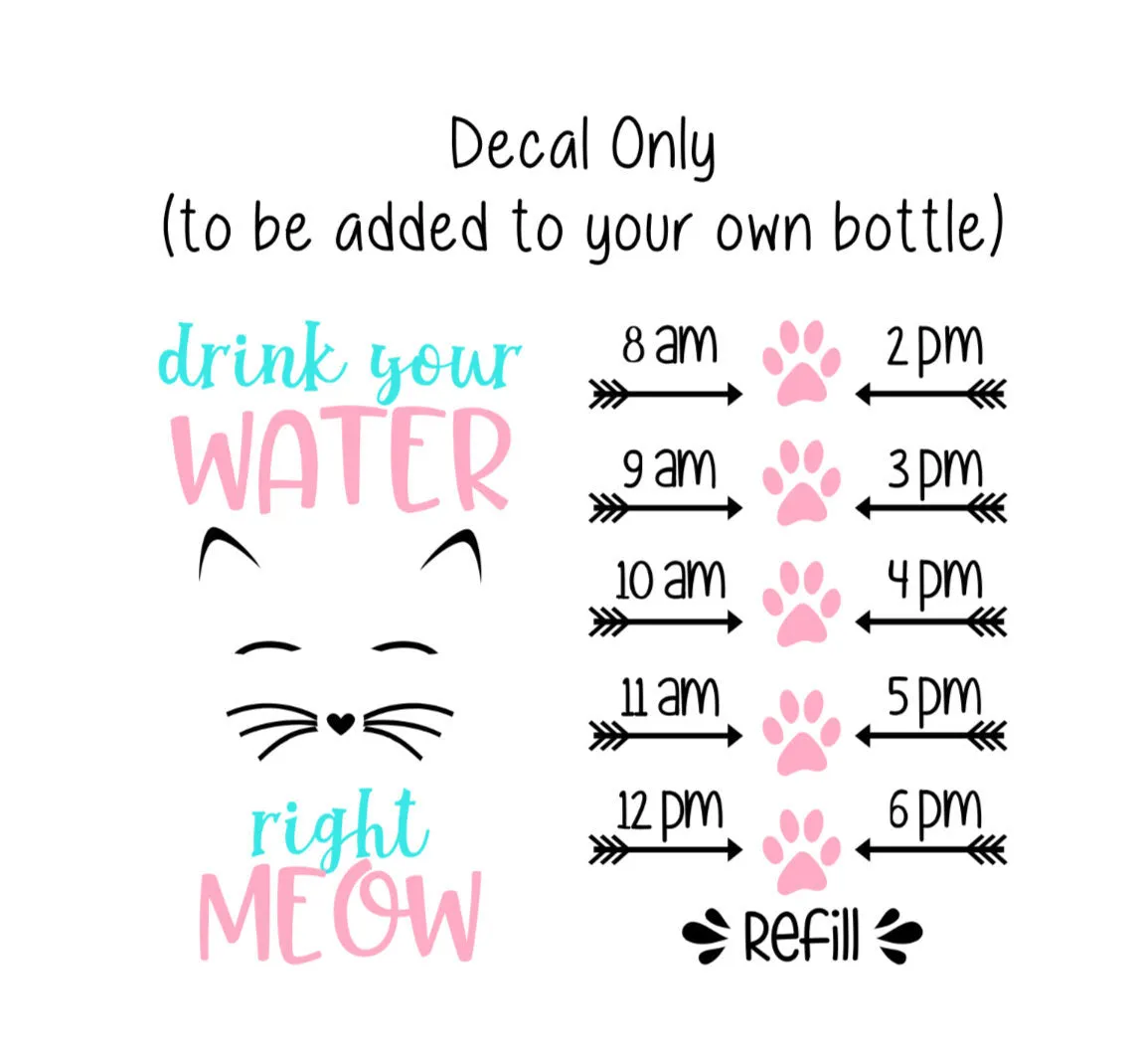 Cat Water Bottle Decal, Water Tracker Decal, Drink Your Water Right Meow Tracker and Design, Decal Only