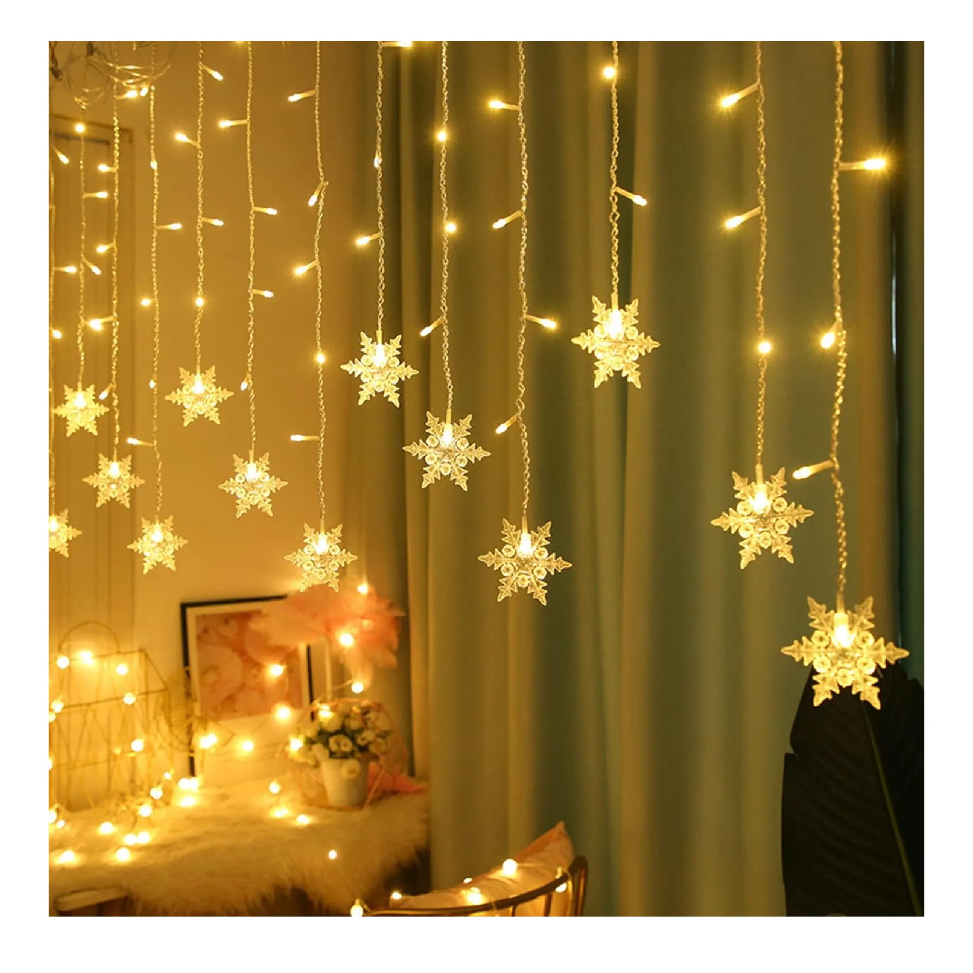 Christmas Snowflake Window Curtain String Lights, 20ft 40 LED Fairy Lights Battery Operated Waterproof Lights Indoor Outdoor Decorations for Bedroom Party Patio Room Garden Home Xmas Tree Decorations