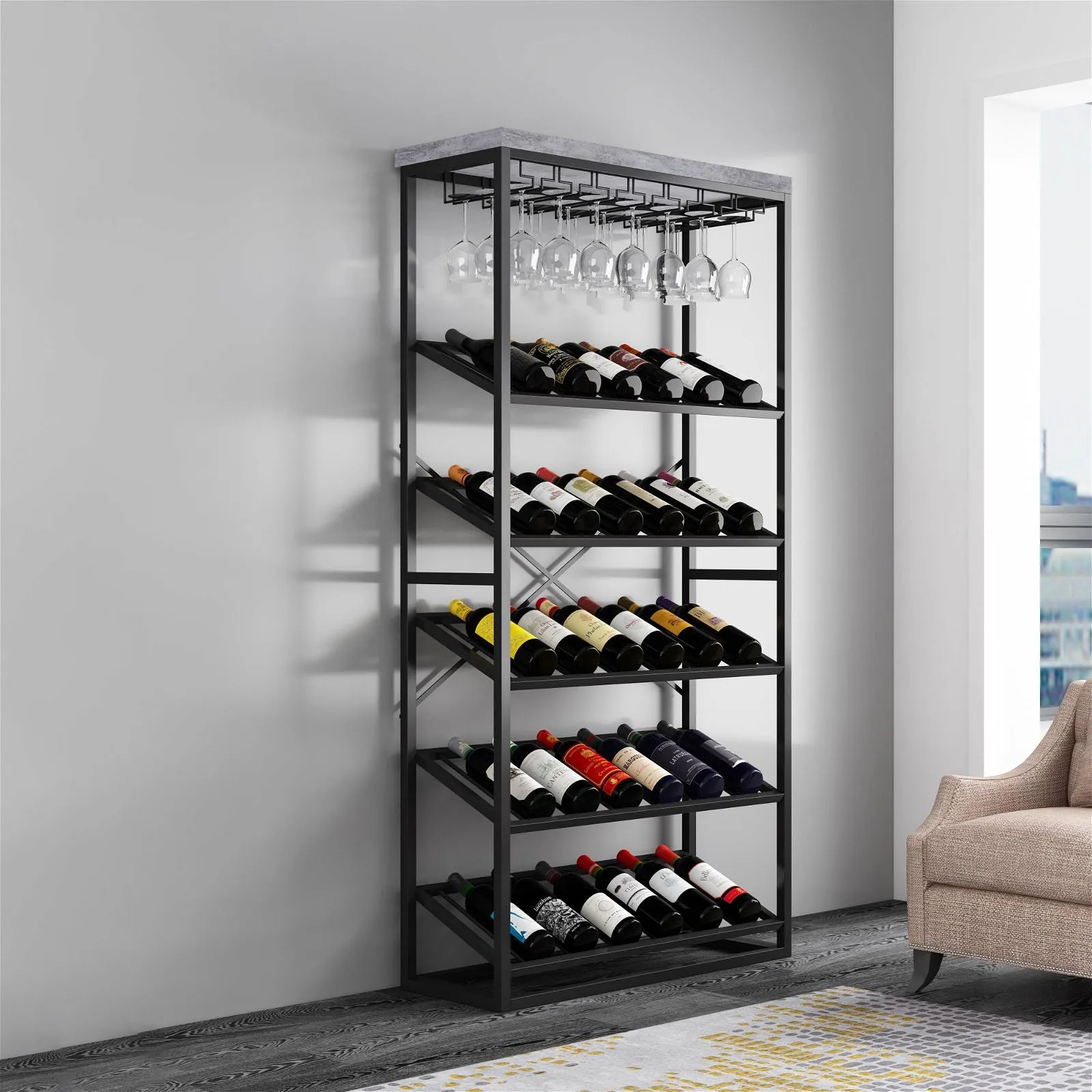 Chryzler 30 Bottle Wine Rack, Glass Storage, Cement Look Finish, Black Metal Frame by Criterion