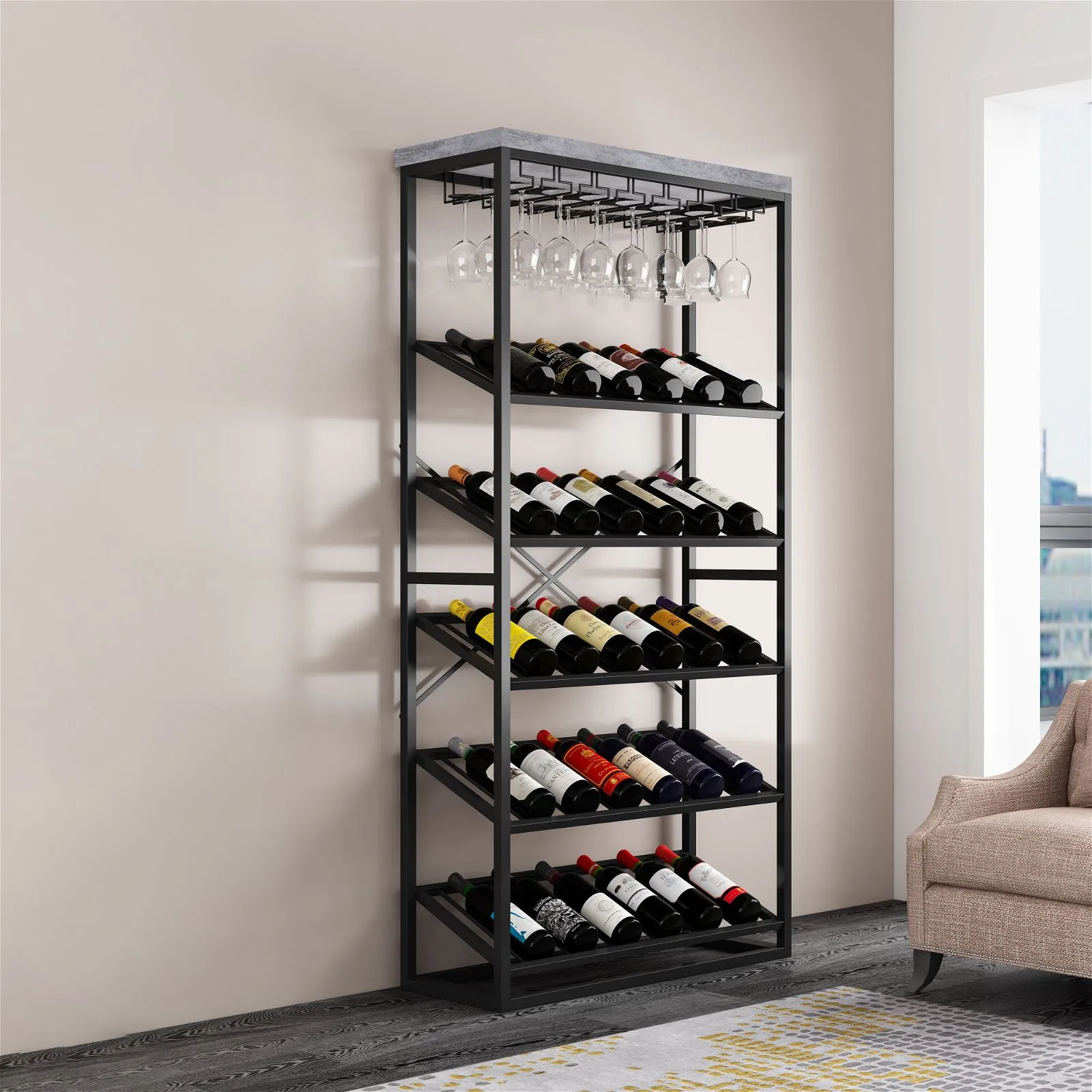 Chryzler 30 Bottle Wine Rack, Glass Storage, Cement Look Finish, Black Metal Frame by Criterion