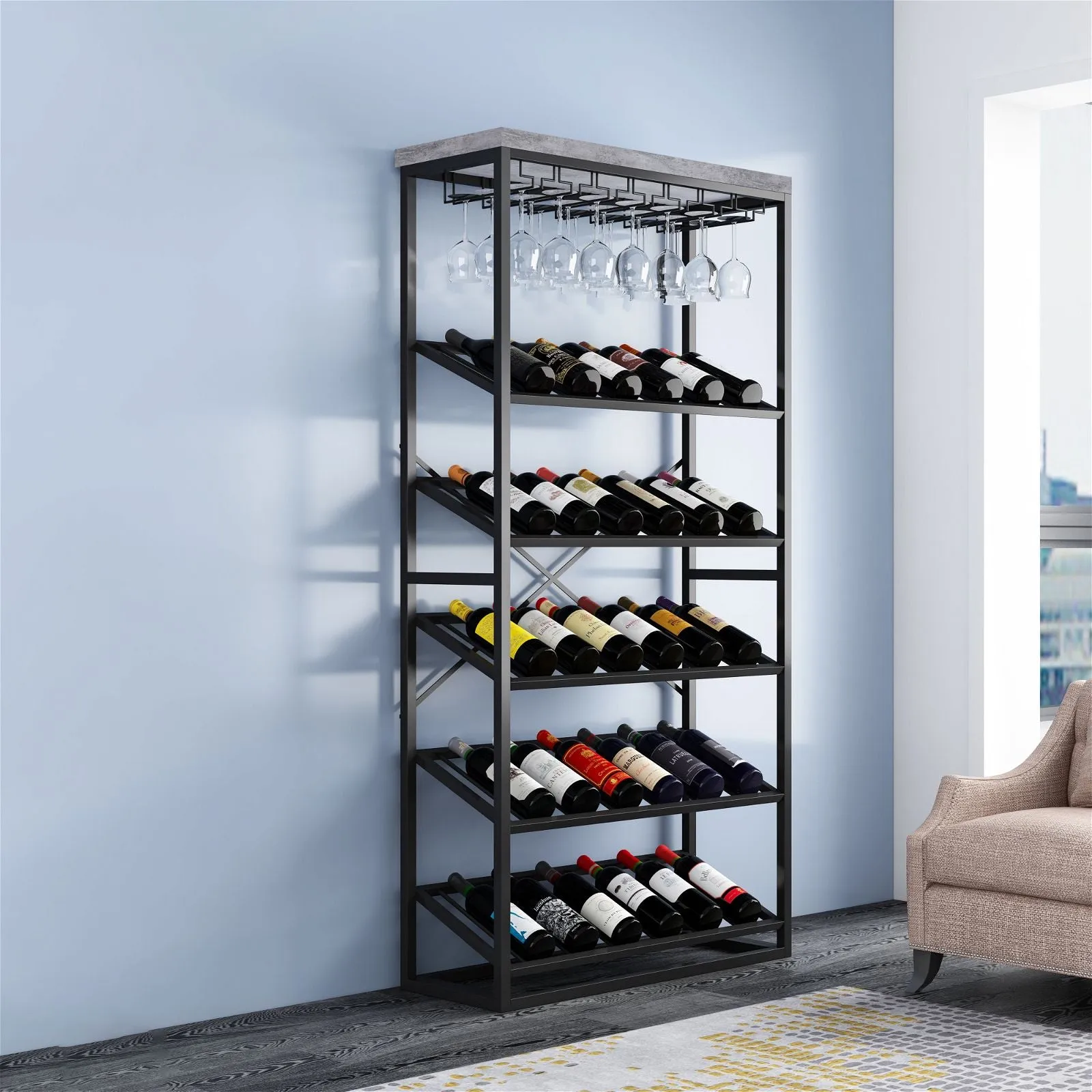 Chryzler 30 Bottle Wine Rack, Glass Storage, Cement Look Finish, Black Metal Frame by Criterion