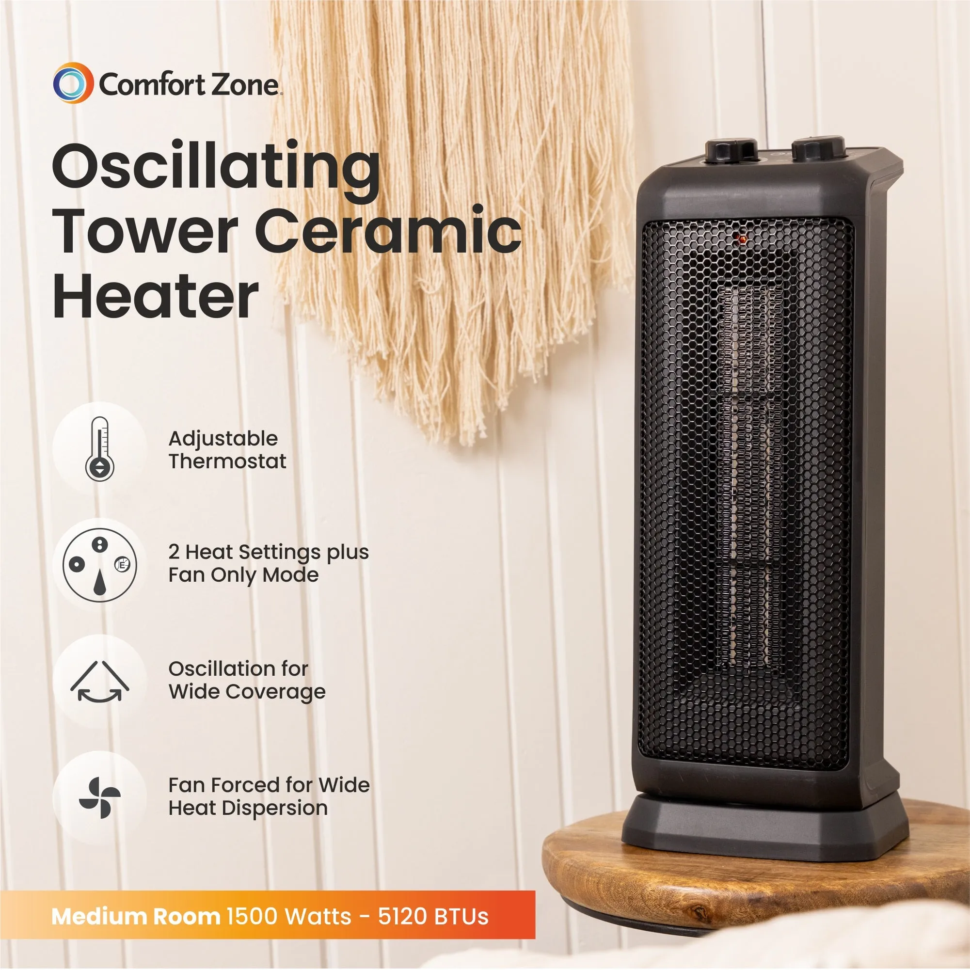 Comfort Zone Ceramic Tower 1500-Watt Oscillating Indoor Space Heater with Adjustable Thermostat