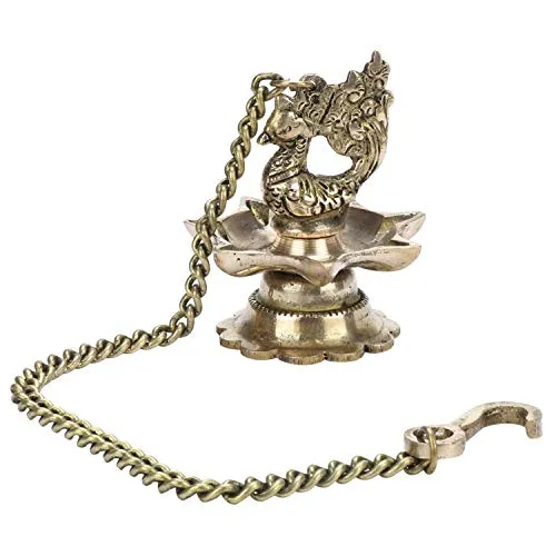 CRAFTHUT Traditional Peacock Brass Hanging Diya with 16 Inch Chain | Deepak | Oil Lamp | Home Decor | Spritiual Gift - Pack of 2