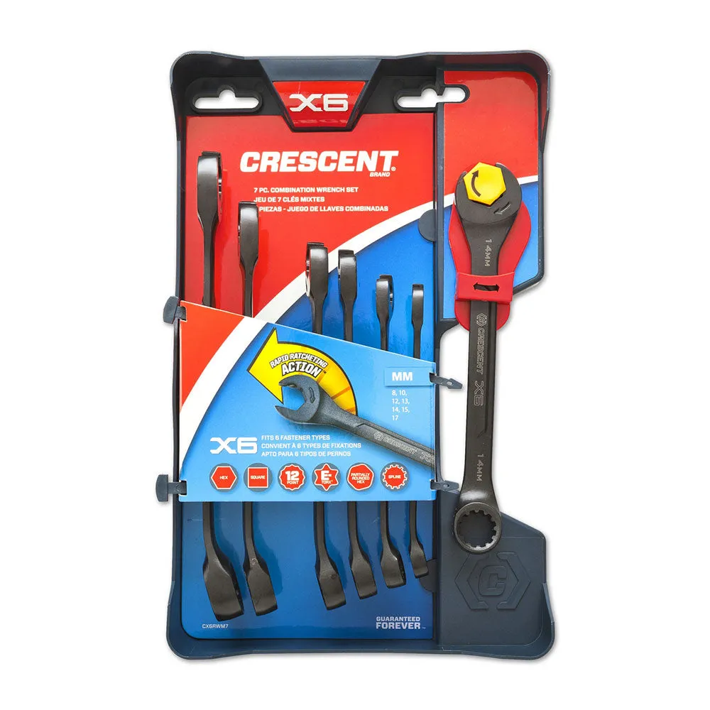 Crescent CX6RWM7 7 Pc. X6 Black Oxide Spline Open End Ratcheting Combo Met Wr Set