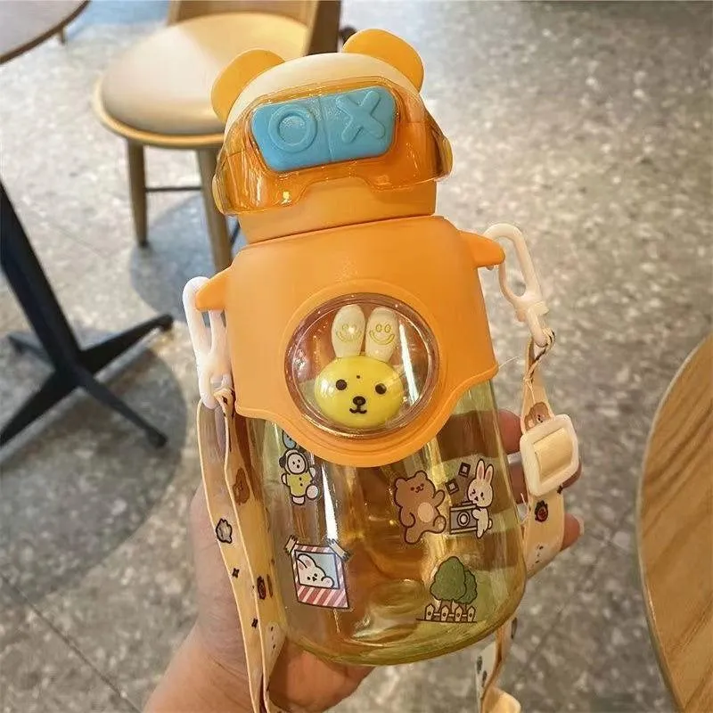 Cute Cartoon Plastic Water Bottle for Children with Portable Strap