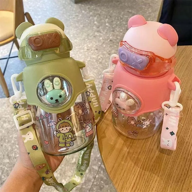 Cute Cartoon Plastic Water Bottle for Children with Portable Strap