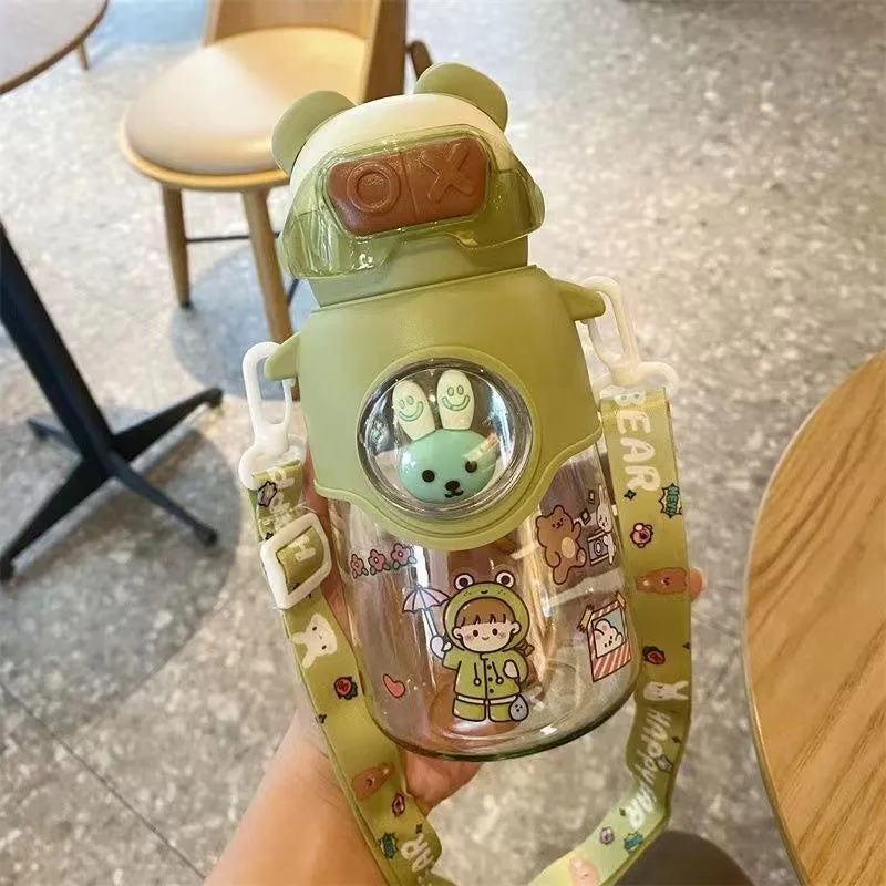 Cute Cartoon Plastic Water Bottle for Children with Portable Strap