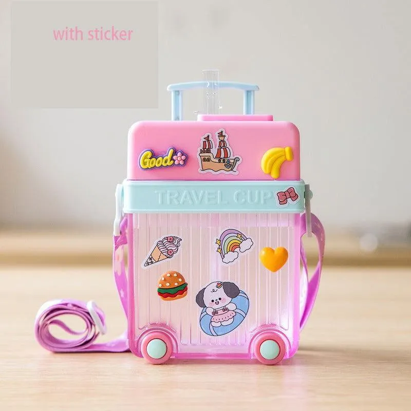 Cute Travel Trolly Cup Water Bottle for Kids with Portable Strap