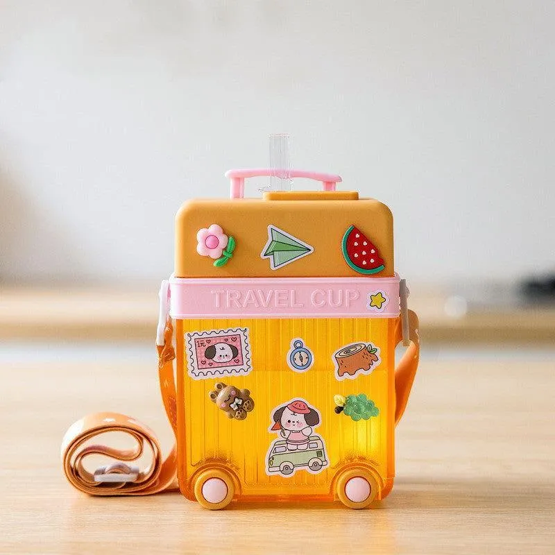 Cute Travel Trolly Cup Water Bottle for Kids with Portable Strap