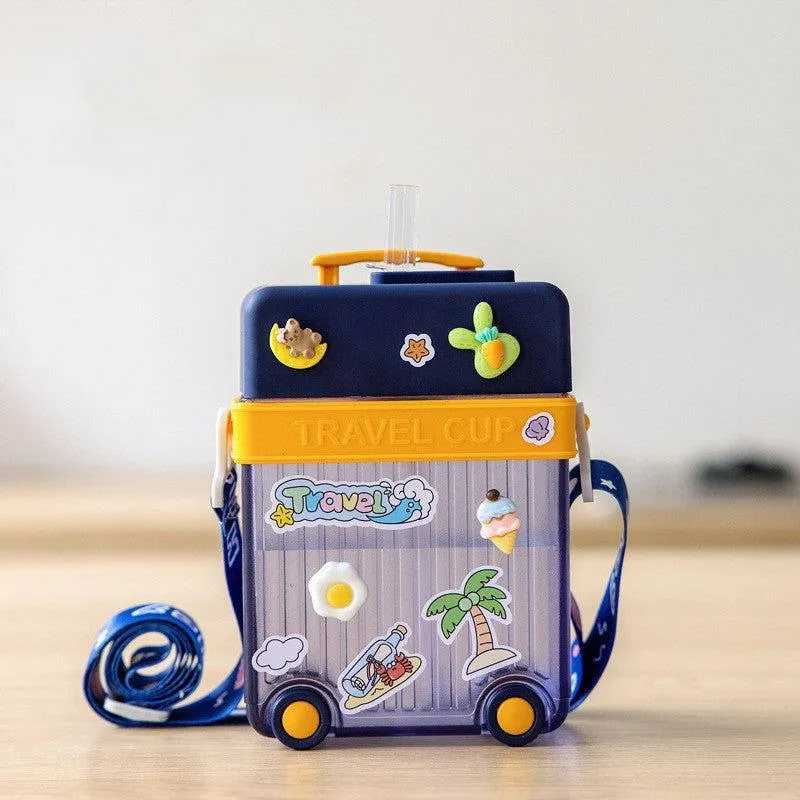 Cute Travel Trolly Cup Water Bottle for Kids with Portable Strap