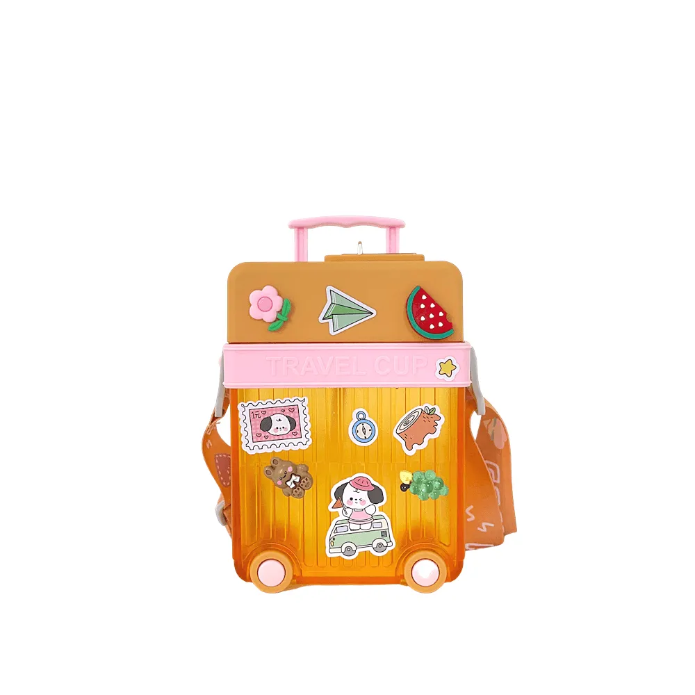 Cute Travel Trolly Cup Water Bottle for Kids with Portable Strap