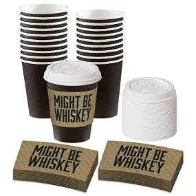 Disposable Coffee or Hot Chocolate Cups - Black Cups, Lids, and Might Be Whiskey Kraft Sleeves, 12 Ounce - 20 Count