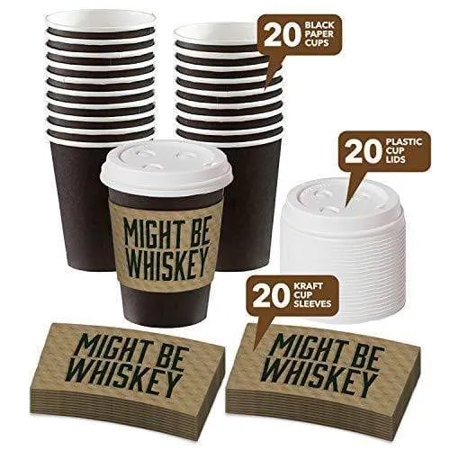 Disposable Coffee or Hot Chocolate Cups - Black Cups, Lids, and Might Be Whiskey Kraft Sleeves, 12 Ounce - 20 Count