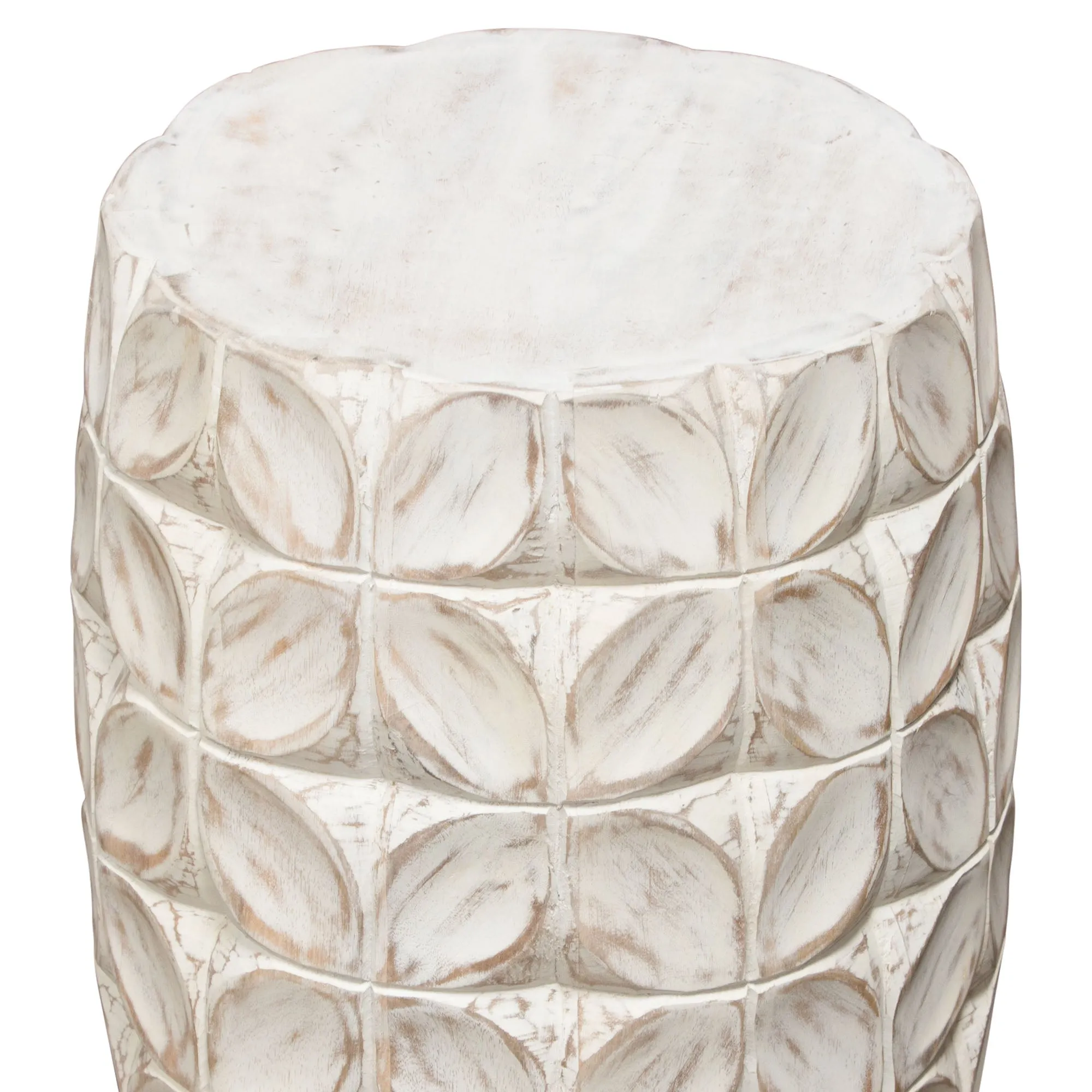 Fig Solid Mango Wood Accent Table in Distressed White Finish w/ Leaf Motif by Diamond Sofa